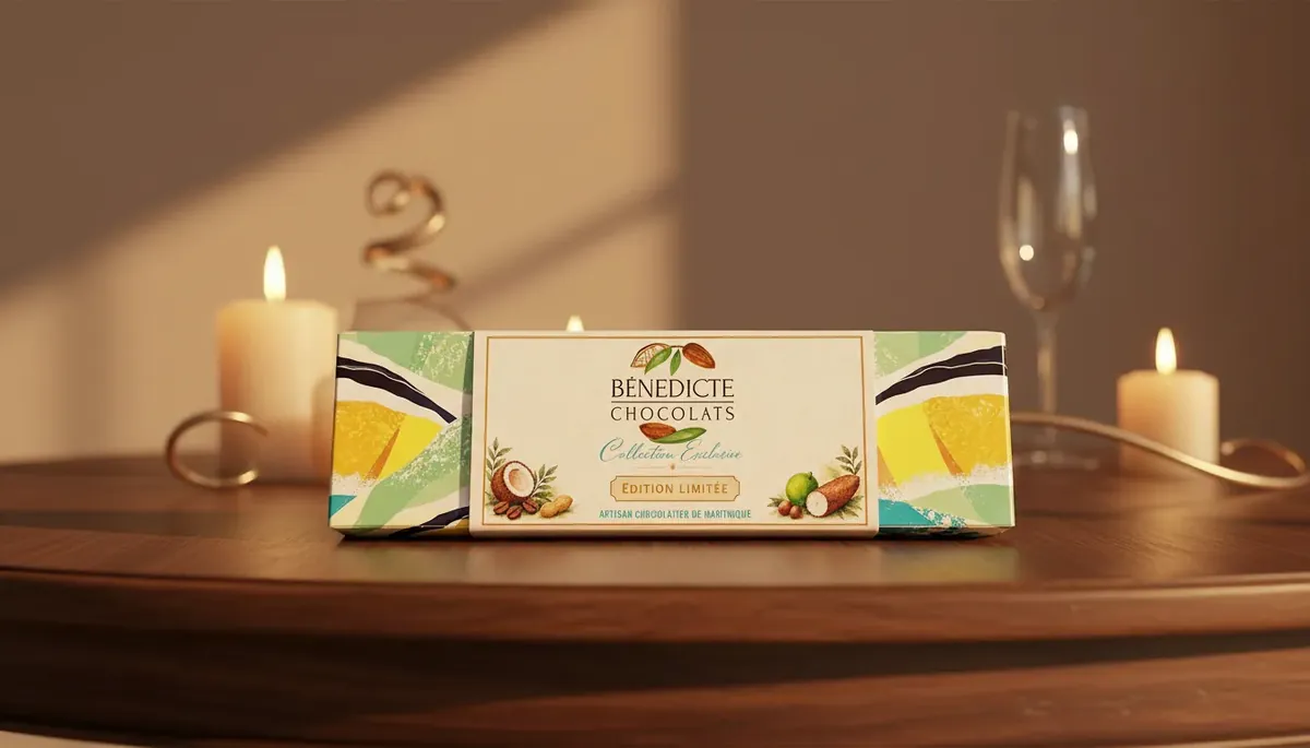 Coffret Collection Exclusive Maison Bénédicte posé sur une table de fêtes de fin d'année, lumière dorée et bougies