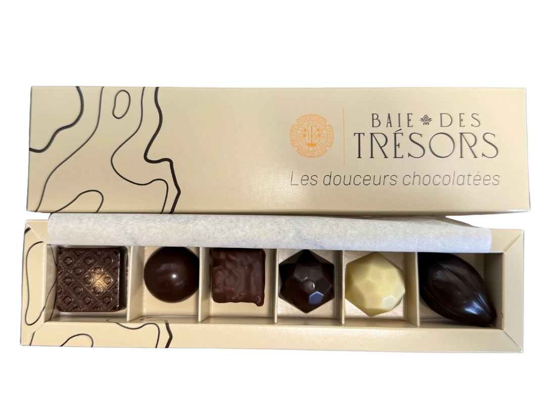 Coffret de 6 bonbons de chocolat, gamme Baie des Trésors, Maison Bénédicte