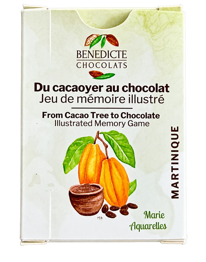 Boîte du jeu de mémoire illustré Du cacaoyer au chocolat, bilingue français et anglais