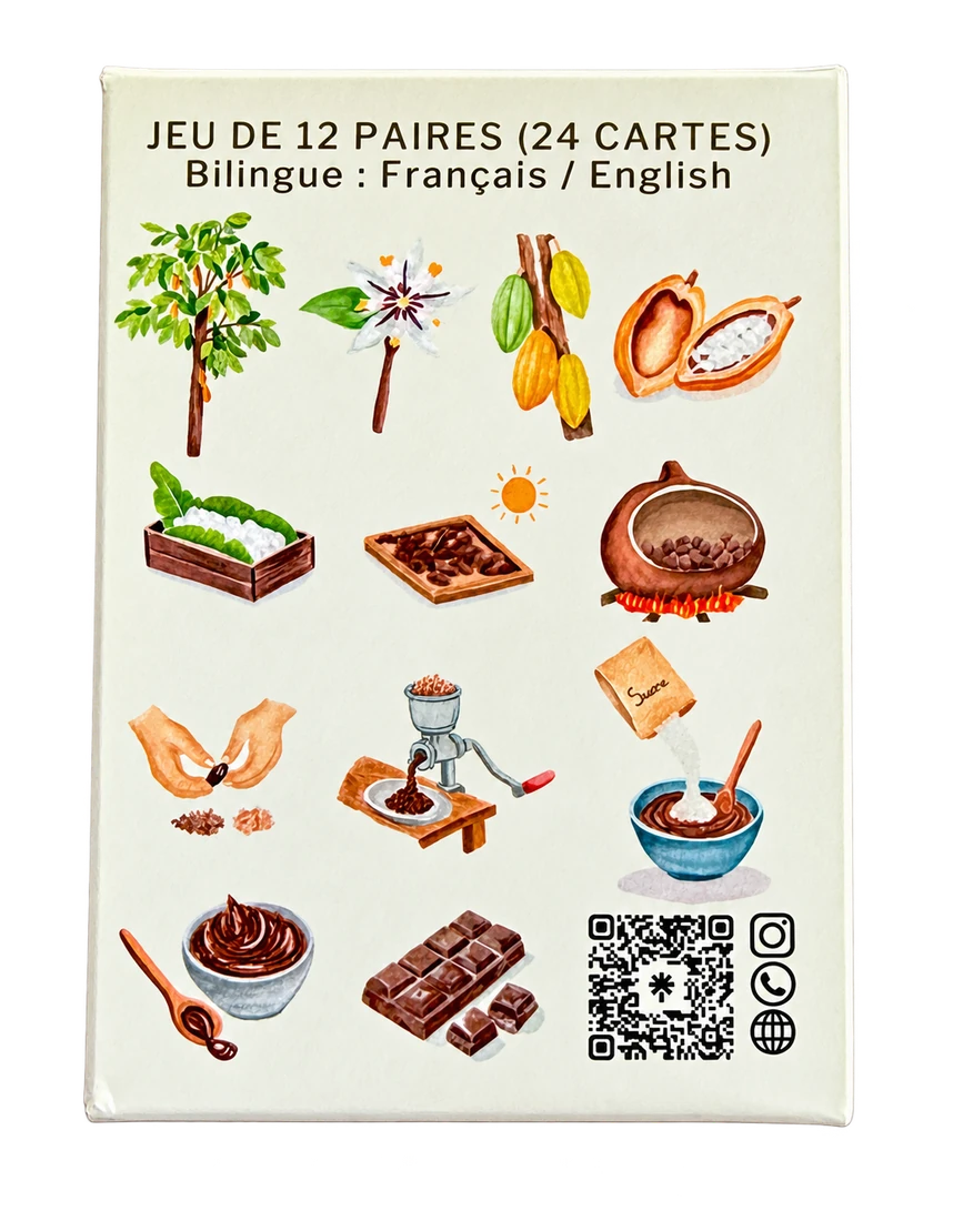 Les 24 cartes du jeu Du cacaoyer au chocolat, 12 paires illustrées à l'aquarelle