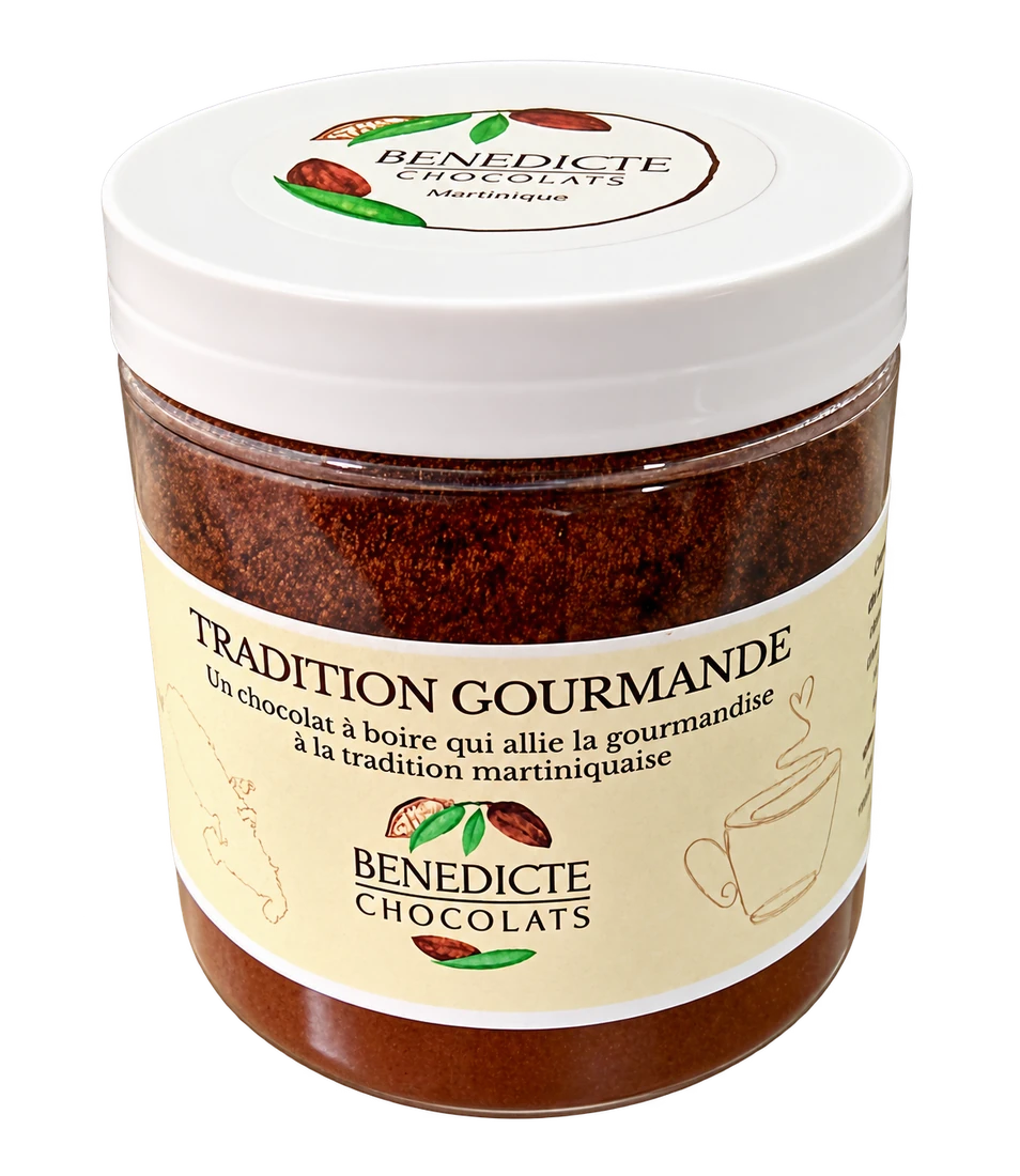 Pot de poudre de chocolat chaud Tradition gourmande, chocolat à boire à la martiniquaise, Maison Bénédicte
