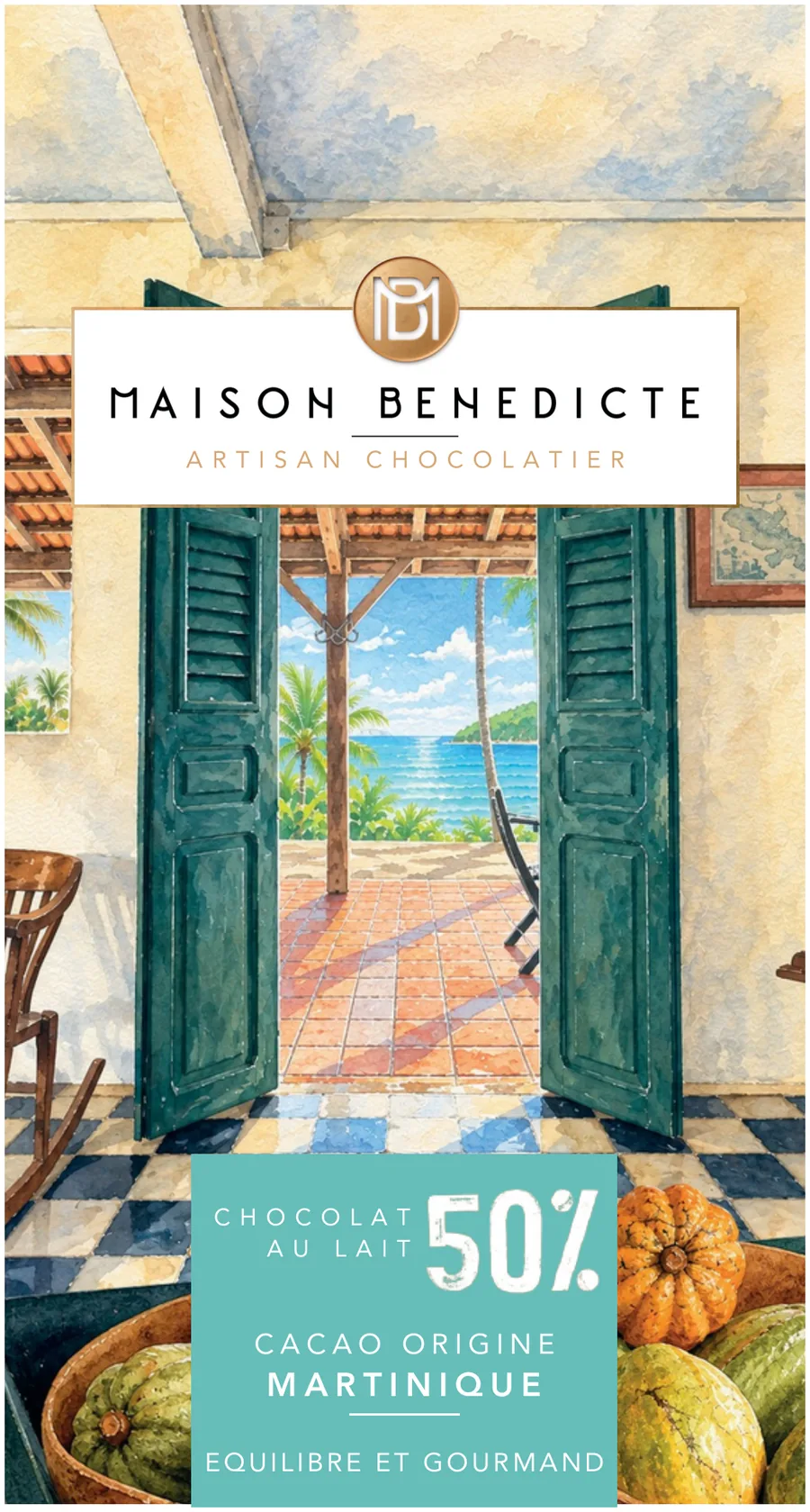 Tablette de chocolat au lait 50%, bean-to-bar Martinique, Maison Bénédicte