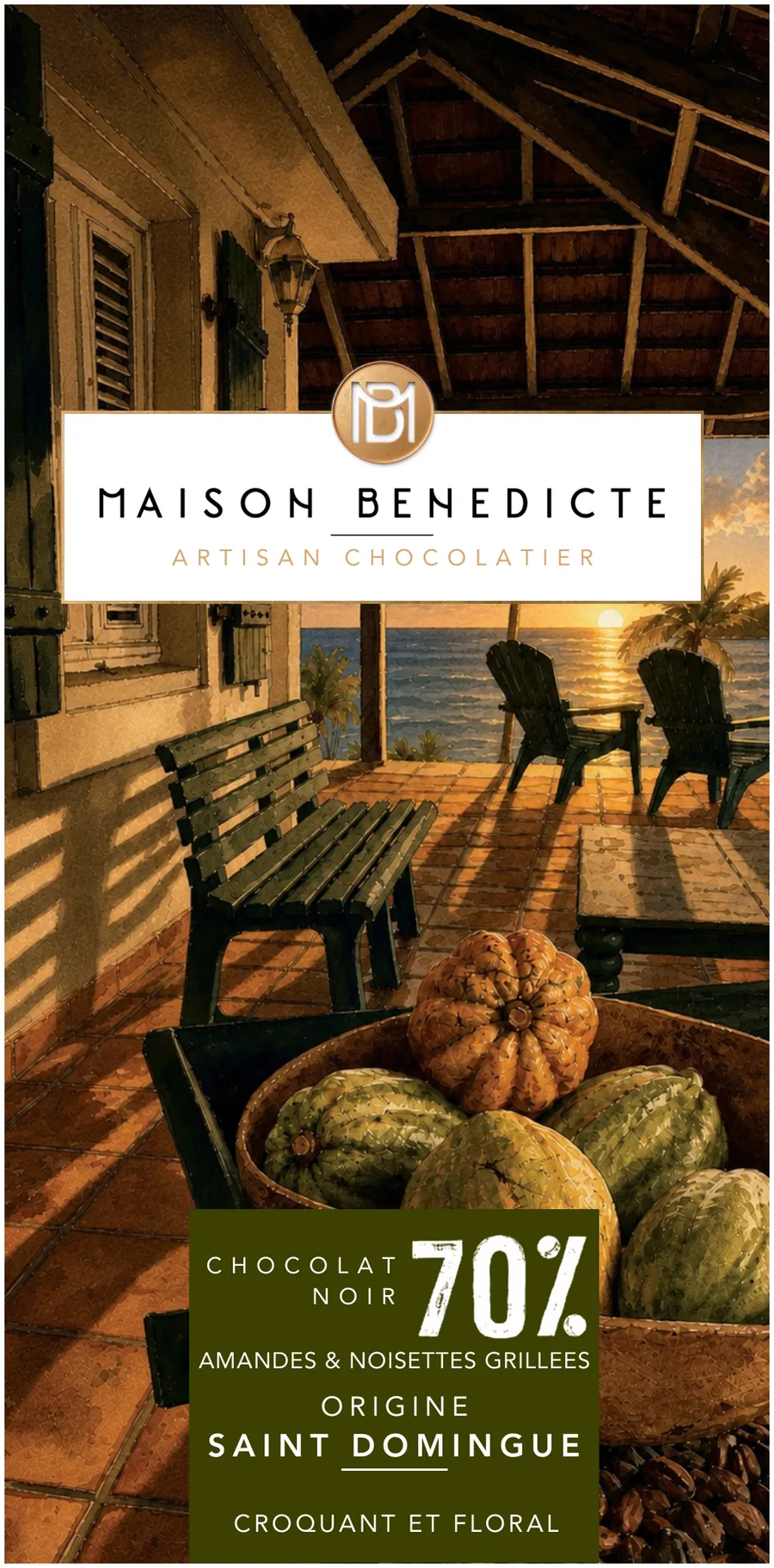 Tablette de chocolat noir 70% amandes et noisettes grillées, origine Saint-Domingue, Maison Bénédicte