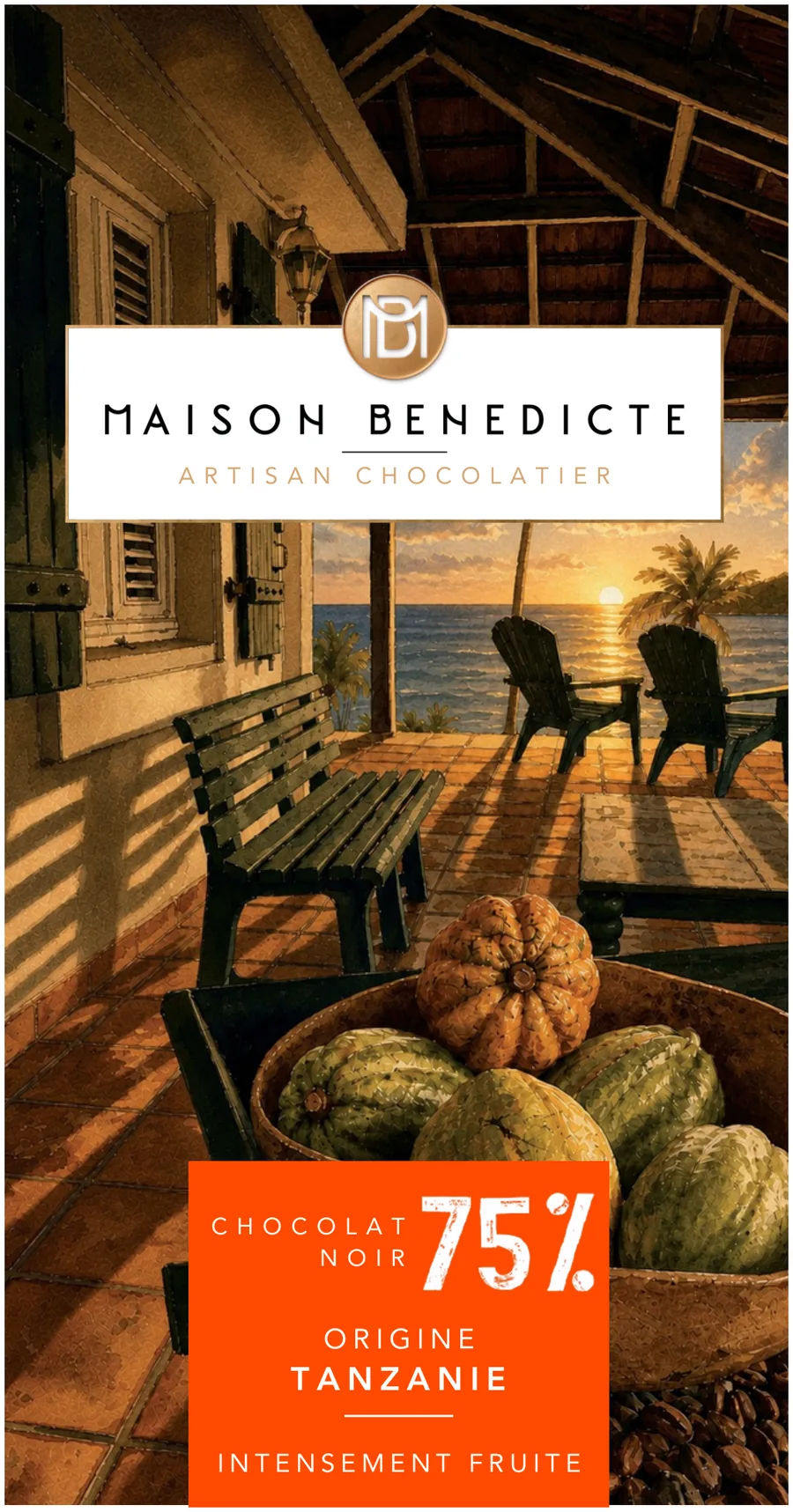 Tablette de chocolat noir 75%, origine Tanzanie, Maison Bénédicte